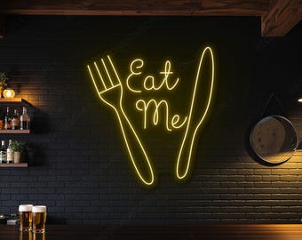 Lámpara de pared LED de neón con tenedor y cuchillo "Eat Me", letrero de neón "Eat Me Fork Knife", decoración de pared para bistró, letrero de neón divertido "Eat Me", decoración para cocineros caseros.