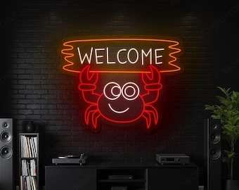 Letrero de neón "Bienvenido Cangrejo", Letrero de neón LED "Bienvenido Cangrejo" para restaurante de mariscos, Decoración de pared con letrero de neón "Cangrejo" para restaurante de mariscos