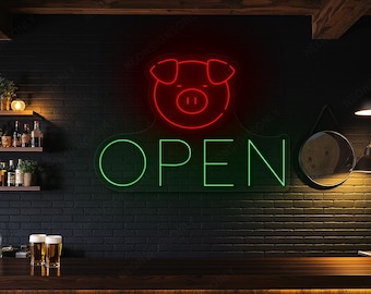 Letrero de neón "Cerdo Abierto", Lámpara de pared LED de neón "Cerdo Abierto" para restaurante de barbacoa, Decoración para puesto de comida callejera con luz de neón "Cerdo Abierto"