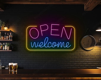 Letrero de neón LED de bienvenida colorido para escaparate, decoración de pared con letrero de neón de bienvenida, arte de pared con letrero de neón de bienvenida para escaparate