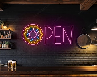 Letrero de neón de dona abierta, lámpara de pared de neón para tienda de donas, letrero de neón con icono de dona, decoración de pared para barra de postres.