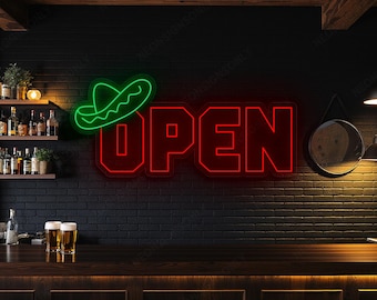Letrero de neón LED con sombrero abierto, lámpara de pared con sombrero mexicano abierto, letrero de apertura con sombrero, decoración de pared para tienda mexicana
