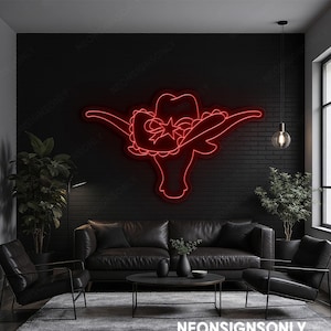 Longhorn Bull Cowboy Hut Led Neon Schild, Cowboy Steer Head Neon Wandleuchte, Texas Longhorn Schädel Led Line Art Western Bar Pub Dekor