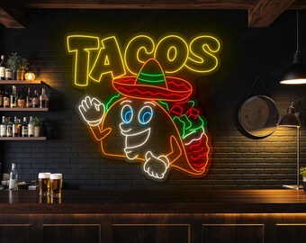 タコスのネオンサイン、タコスの LED ライト、メキシコ料理のネオン