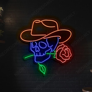 Custom Cowboy Skull LED Neon Sign, Skull With Hat And Rose Wall Light, Skull Western Vibes Led Line Art, Cowboy Skull Trendy Neon Room Decor
