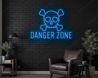 Danger Zone Skull Neon LED Sign, Skull and Crossbones Danger Zone