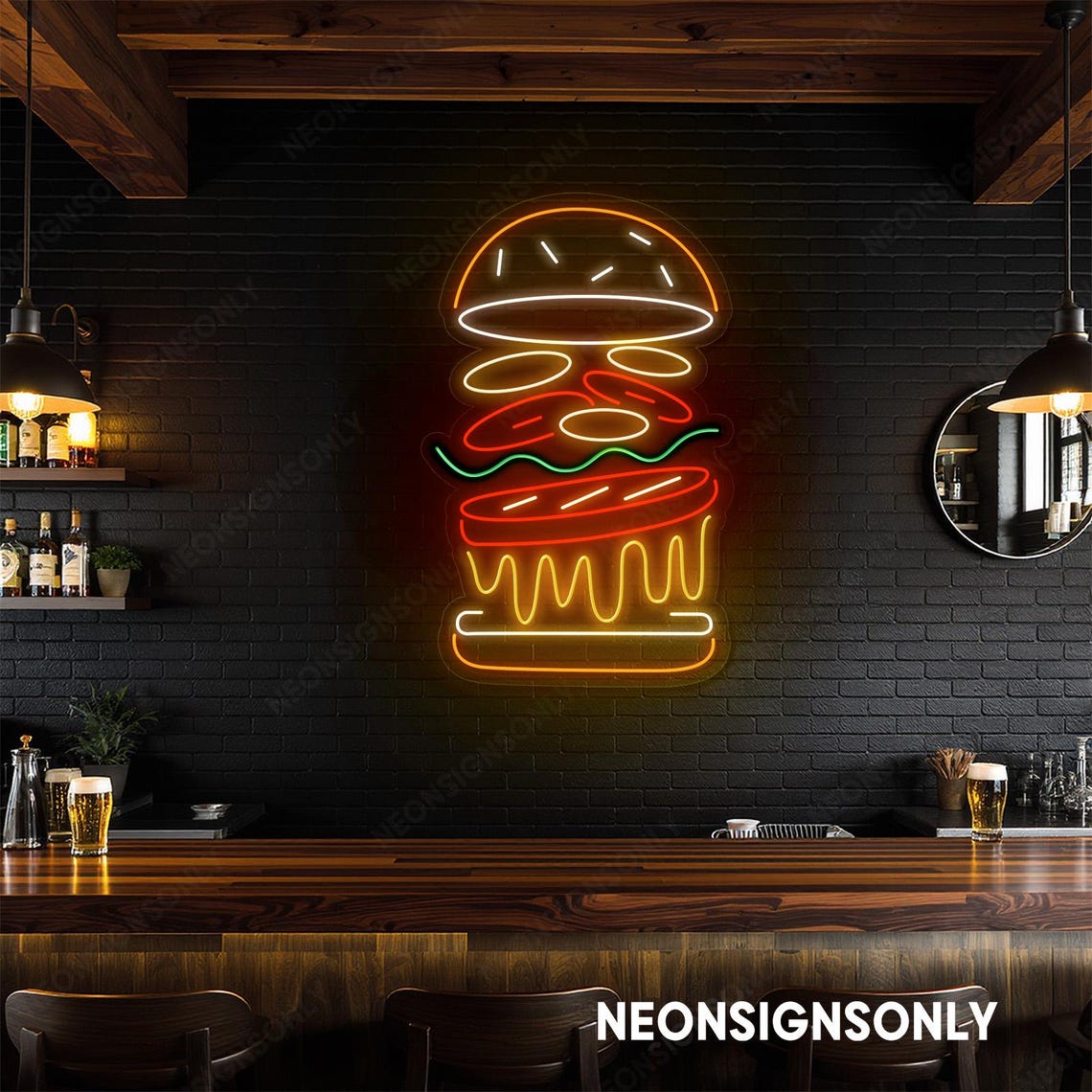 Hamburger Neon Led Sign, Cheeseburger Wall Neon Light Art, Colorful ...