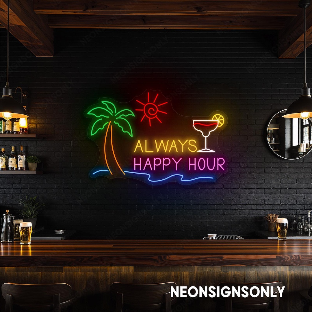 Happy Hour Led Signs Always Happy Hour Led Neon Sign, Tropical Neon Light Palm Tree Cocktail ...