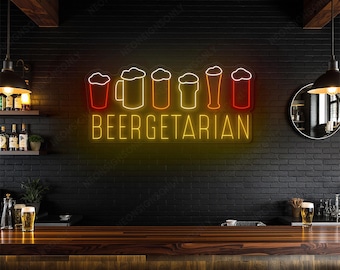 May include: A neon sign with the word "BEERGETARIAN" in yellow, below a row of beer glass outlines in red and yellow. The sign is mounted on a black brick wall, with a wooden bar in the foreground.