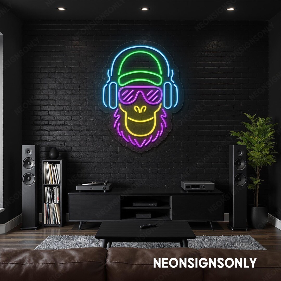 Headphone Monkey LED Neon Sign, Monkey With Headphone Neon Wall Light ...