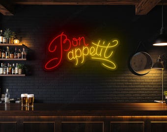 Letrero de neón "Bon Appetit", luz LED de pared con la frase "Bon appétit" para decoración de restaurantes, arte de pared de neón con la inscripción francesa "Bon Appetit".