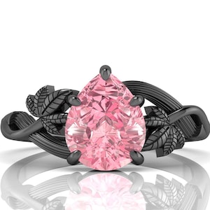 Vintage Leaf Engagement Ring, Antique Bridel Ring, Pink Stone Black Gold Ring, Vintage Floral Ring, Unique Ring, Romantic Gift for Her