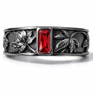 Black Rhodium Leaf Engraved Ring with Red Ruby Gemstone – Vintage Gothic Statement Band
