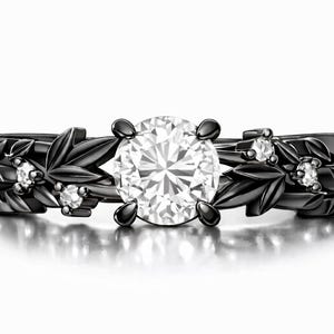 Black Gold Leaf Engagement Ring, Round Cut Diamond Ring, Nature Inspired Bridal Ring, Unique Floral Vine Wedding Band, Gothic Boho Ring