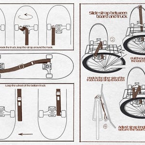 Op de afbeelding: Diagram met instructies voor het vastzetten van een skateboard aan een fiets met een bruine riem. De stappen tonen hoe de riem rond het skateboard en de fietsonderdelen te bevestigen. De tekst in de afbeelding geeft instructies.