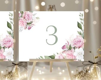 Floral Border Table Number Signs (Pack of 12) – Pink Green Wedding Event single sided