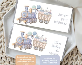 Blue train, candy bar wrappers & foils only; personalized, baby shower, first birthday