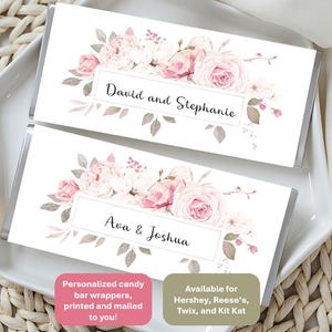 Pink floral, candy bar wrappers. Fits Reeses, Twix, KitKat, Hershey, Snickers; budget favor for event w/matching signs!  includes foil.