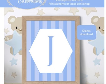 Blue monogram 8 x 10 wall art with blue stripes, unframed