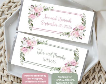 Personalized Floral Candy Bar Wrappers, Party Favors with Foil