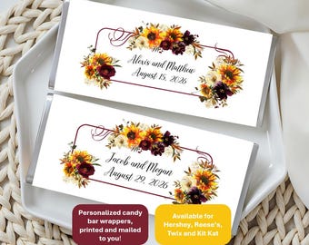 Fall sunflower, candy bar wrappers, fits Reeses Twix KitKat Hershey's Snickers, budget favor for events w/matching signs! includes foil