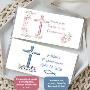 Cross youth candy bar wrappers. Fits Reeses, Twix, Kit Kat, Hersheys; budget favor wrappers for your bigger kid's celebration! Personalized.