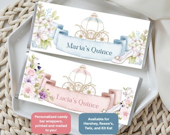 Princess carriage, candy bar wrappers & foils only; personalized, Quinceañera birthday