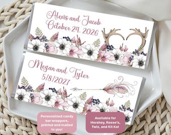 Unique blush, mauve, and white floral candy bar wrappers. Fits Reeses, Twix, Kit Kat, Hershey's; party favor w/matching signs! with foil