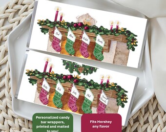 Christmas mantle with personalized stockings; candy bar wrappers & foil only; fits Hershey; option for wreath or nativity