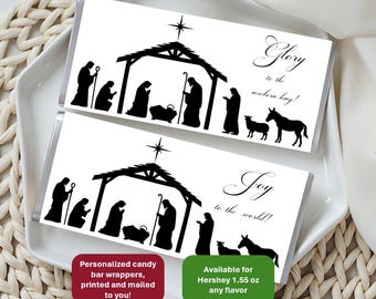 Nativity candy bar wrappers & foil only; fits Hershey; personalized minimalist black and white