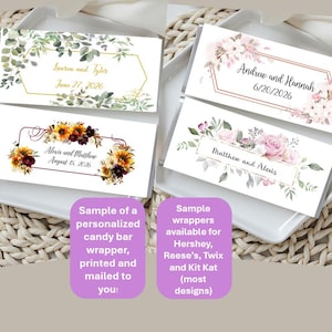 Sample candy bar wrapper wedding favor; see real size, colors, paper quality; Hershey Reeses Twix KitKat; any design; bulk starts .72 cents