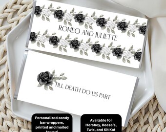 Black roses and pearls candy bar wrappers. Fits Reeses, Twix, Kit Kat, Hershey's; party favor w/matching signs! includes foil