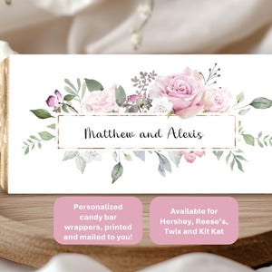 Purple and pink floral, candy bar wrappers; fits Reeses Twix KitKat Hershey Snickers, budget favor for event w/matching signs! includes foil