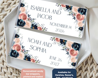 Navy blue and dusty pink floral candy bar wrappers. Fits Reeses, Twix, Kit Kat, Hershey's; party favor w/matching signs! includes foil