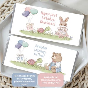 Cute first birthday favor, candy bar wrappers, fits Reeses, Twix, KitKat, Hershey; budget friendly, includes foil