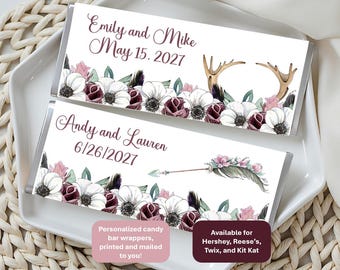 Unique blush, burgundy, and green floral candy bar wrappers. Fits Reeses, Twix, Kit Kat, Hershey's; party favor w/matching signs! with foil
