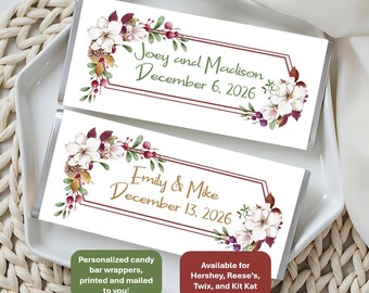 Christmas Floral Candy Bar Wrappers, Personalized Party Favors, Fits Hershey's, Twix, Kit Kat, Reese's
