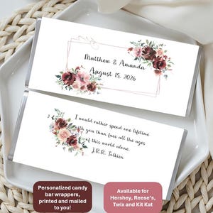 Burgundy & blush candy bar wrappers. Floral.  Fits Reeses, Twix, Kit Kat, Hershey's, Snickers; party favor w/matching signs! includes foil