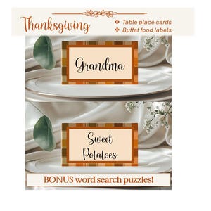 Placeringskort för Thanksgiving: 4 rutiga designer (digital nedladdning) (nedladdningen är tomma kort 3 1/2 breda x 2 1/4 höga) BONUSordsökningar!
