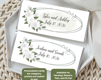 Greenery, candy bar wrappers. Fits Reese's, Twix, Kit Kat, Hershey; budget favor for events, includes foil
