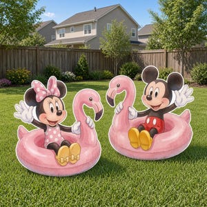 May include: Two yard signs featuring cartoon characters sitting in pink flamingo pool floats. One sign shows a mouse with a pink polka dot bow and dress, the other shows a mouse with red shorts. Both characters are waving on a green lawn.