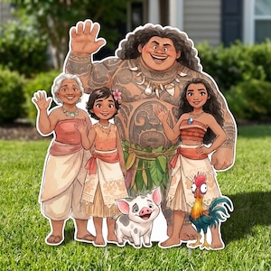 May include: Cutout figures of characters from the animated movie Moana, including Maui, Moana, and others. The figures are standing on a grassy lawn, with a house and greenery in the background. The characters are waving.