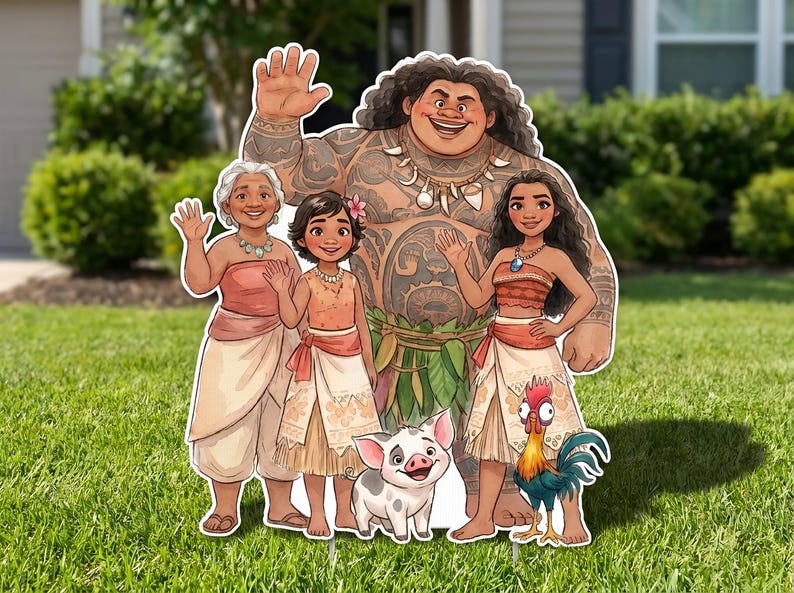 May include: Cutout figures of characters from the animated movie Moana, including Maui, Moana, and others. The figures are standing on a grassy lawn, with a house and greenery in the background. The characters are waving.