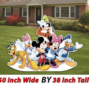 May include: A large, colorful yard decoration featuring Disney characters Mickey Mouse, Minnie Mouse, Donald Duck, Daisy Duck, Goofy, and Pluto. The decoration is 50 inches wide by 38 inches tall.
