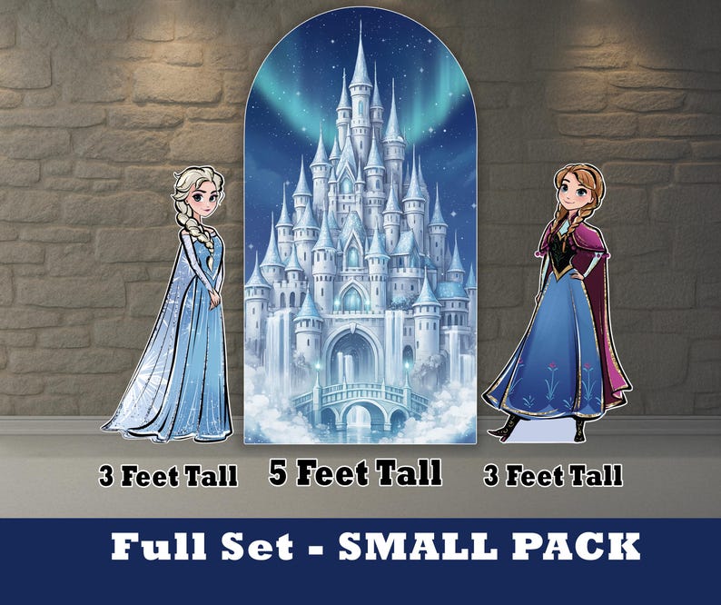 May include: A set of cardboard cutouts featuring characters from a popular animated film. The set includes a large castle backdrop, a 3-foot tall Elsa, and a 3-foot tall Anna. The castle is 5 feet tall. The text at the bottom reads "Full Set - SMALL PACK".