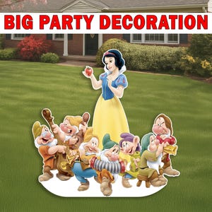 May include: An outdoor party decoration featuring Snow White and the seven dwarfs. Snow White holds an apple. The text "BIG PARTY DECORATION" is displayed in red. The characters are on a green lawn in front of a house.