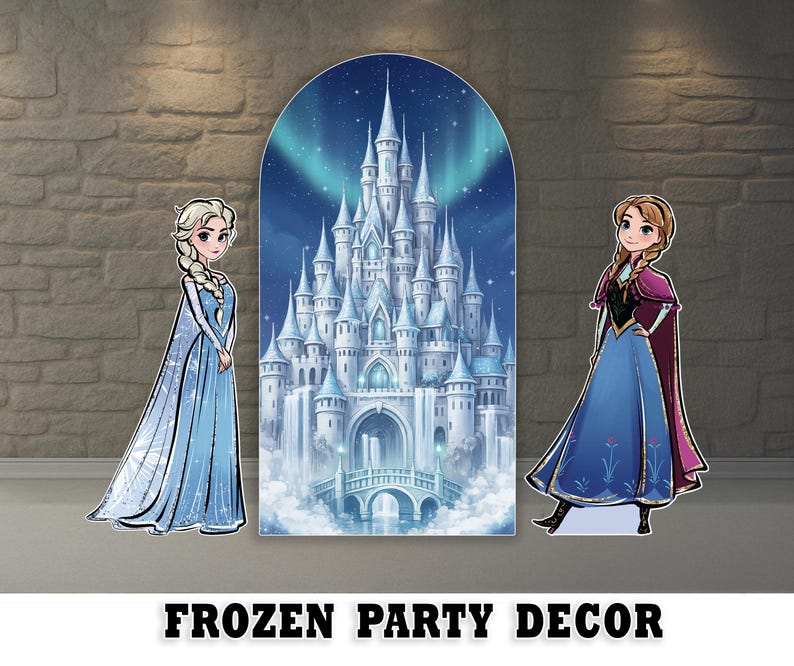 May include: Party decorations featuring Elsa and Anna from Frozen, with a backdrop of a castle under a starry sky. The decorations include cutouts of the characters and a large castle scene, with the text "FROZEN PARTY DECOR" at the bottom.