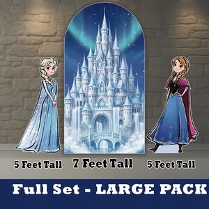 May include: A full set of cardboard cutouts featuring characters and a castle from a popular animated film. The set includes a 7-foot tall castle backdrop, and two 5-foot tall character cutouts. The text at the bottom reads "Full Set - LARGE PACK".