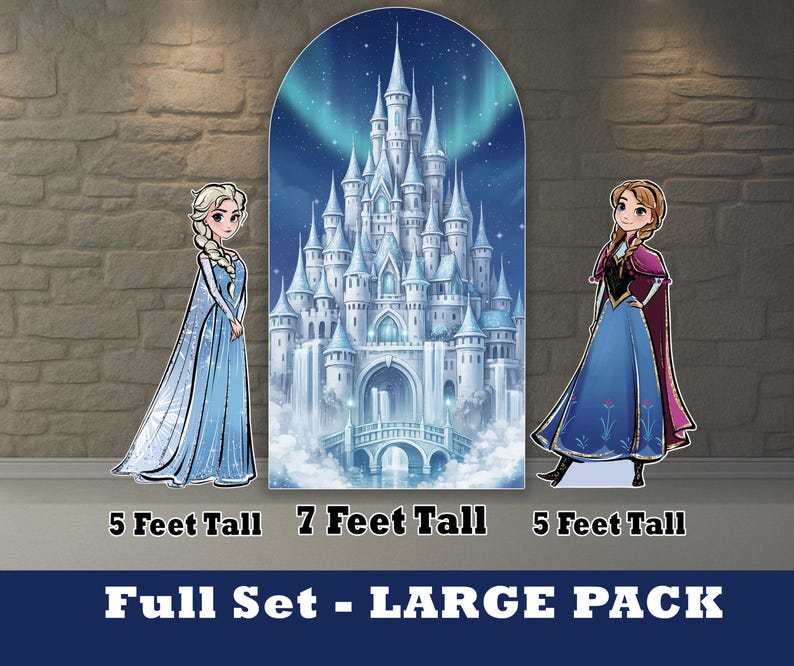 May include: A full set of cardboard cutouts featuring characters and a castle from a popular animated film. The set includes a 7-foot tall castle backdrop, and two 5-foot tall character cutouts. The text at the bottom reads "Full Set - LARGE PACK".