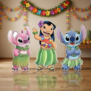 May include: Three cartoon cutouts of characters from the animated film Lilo & Stitch. The characters are Lilo, Angel, and Stitch, each wearing Hawaiian-themed attire. A colorful floral garland hangs in the background, creating a festive atmosphere.